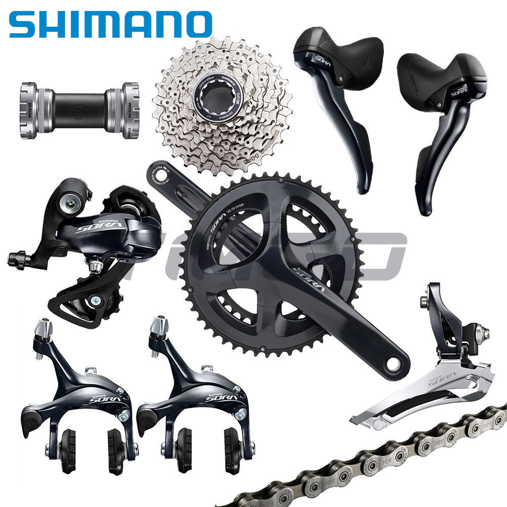 Shimano Sora R3000 Road Bike 2×9 Speed Groupset FC-R3000 Crankset BB-RS501 Bottom Bracket FD-R3000 RD-R3000 Front Rear Derailleur ST-R3000 Dual Control STI Lever HG400-9 Cassette HG53 Chain