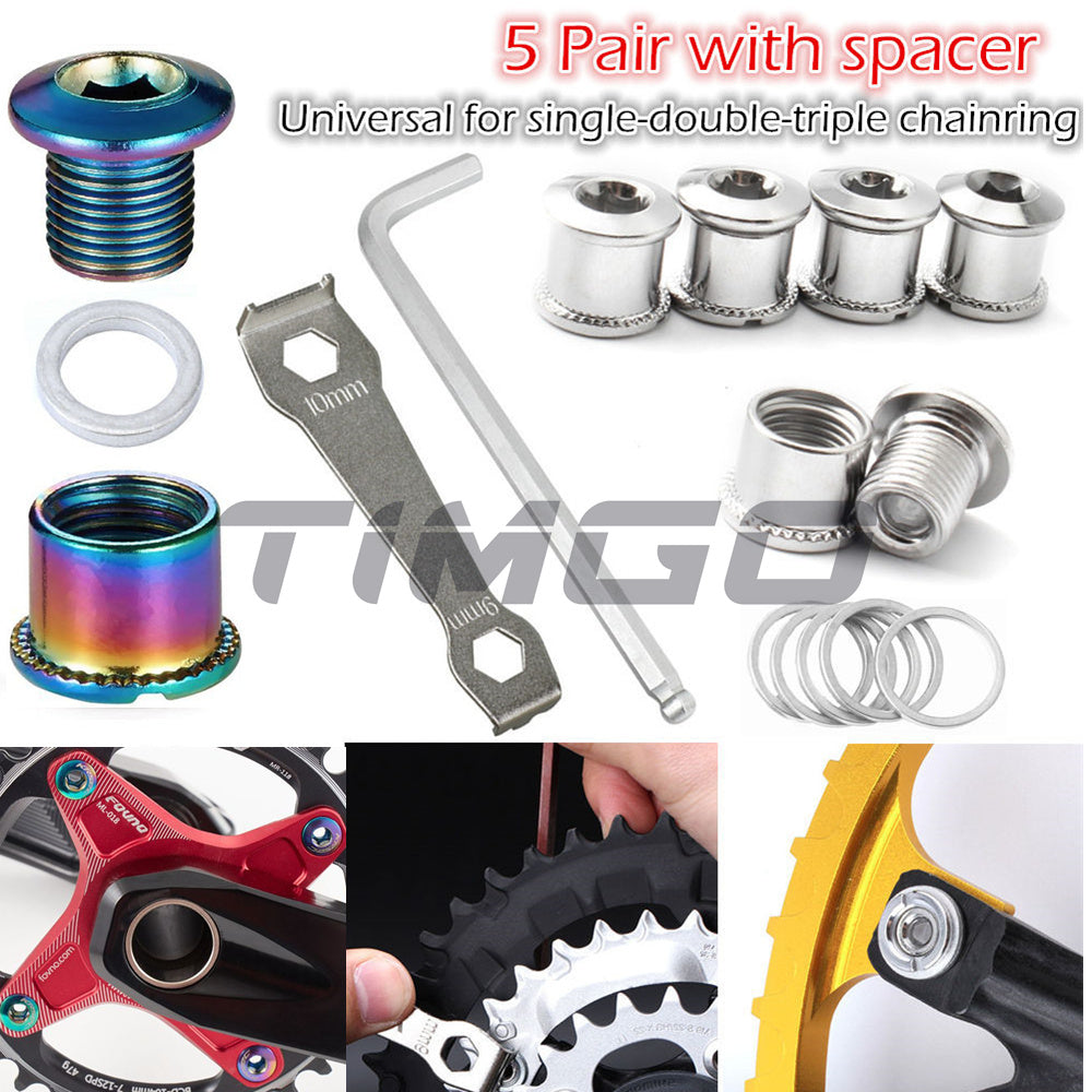 5 Pair MTB Road Bike 1× 2× 3× Crankset Chainring Bolt Nut Spacer Crank Removebale Chain Ring Silver Oil Slick Screw Wrench Spanner Remove Install Repair Tool Set